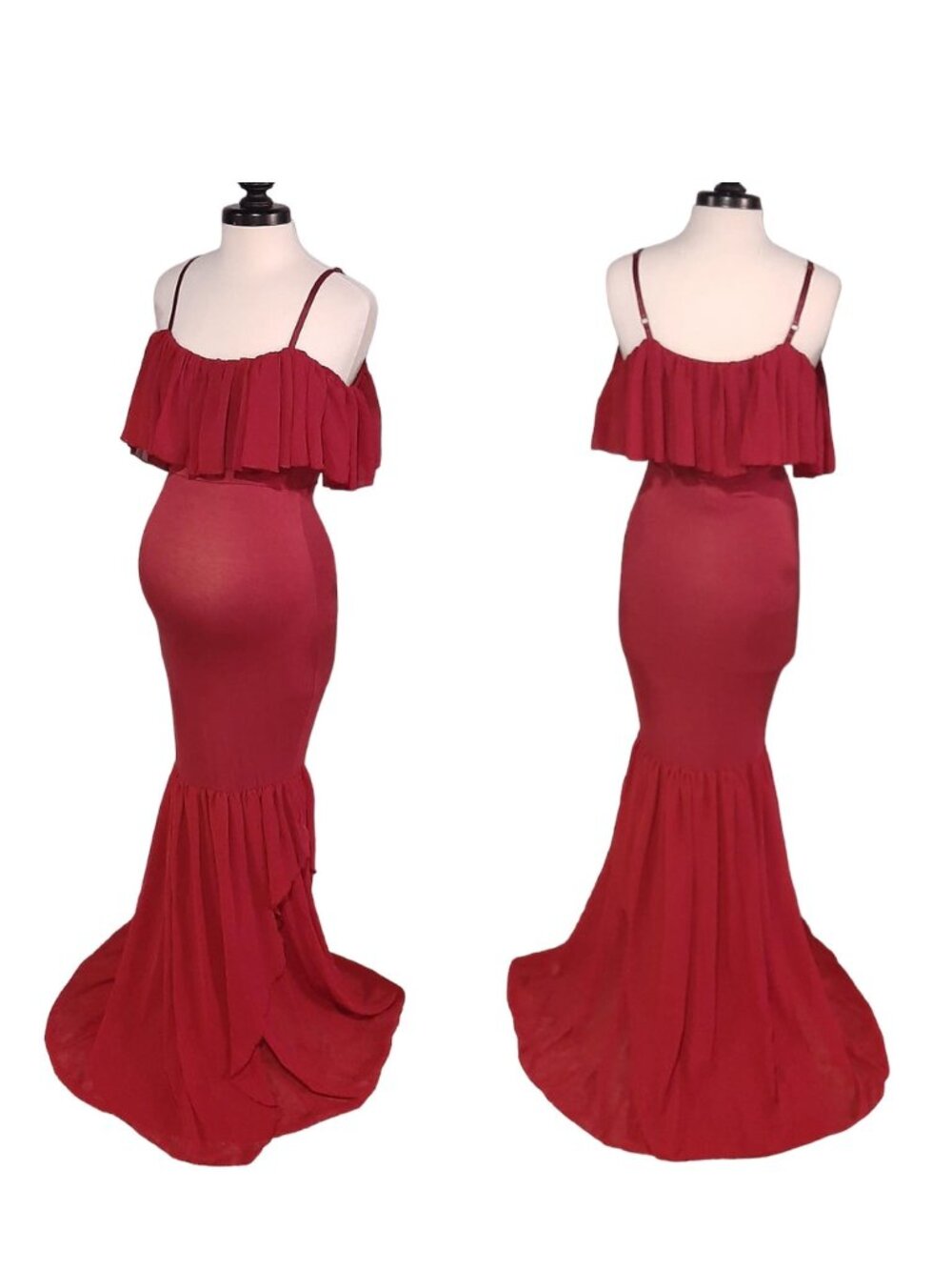 Boutique | Red Ruffle off Shoulder Maternity Mermaid Dress | Size Large